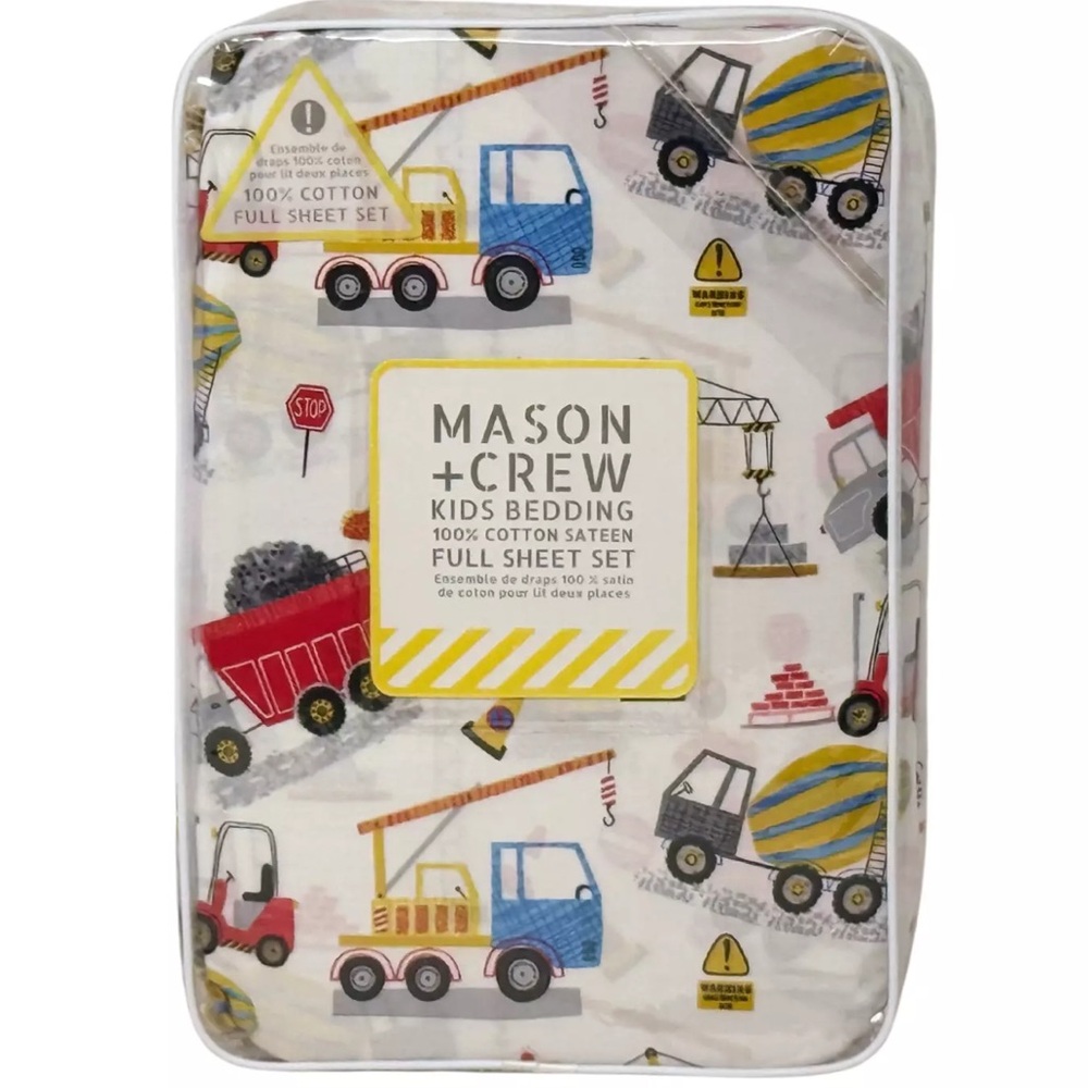 MASON & CREW FULL Soft Cotton Sateen Sheet Set Construction Trucks Vehicles NEW